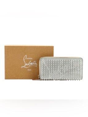Authentic Christian Louboutin Gray Logo Long Panettone Wallet With Clear Spikes